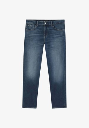Jean slim homme bleu foncé avec un léger délavage, style cinq poches et fermeture par bouton à la taille.