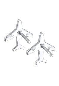 SIlvriga skjortknappar i form av flygplan, tillverkade av 925 sterling silver, med släta ytor och en polerad finish.
