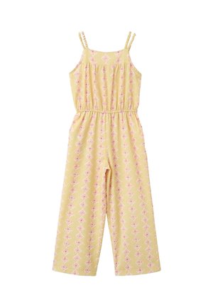 Combinaison jaune sans manches avec motif floral en diamant rose, taille élastique et doubles bretelles fines.