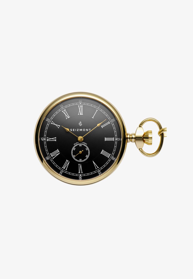Gullfarget lommeklokke med svart skive, romertall, gullhender, og en subskive for sekunder. Har en dekorativ kjedekrok.