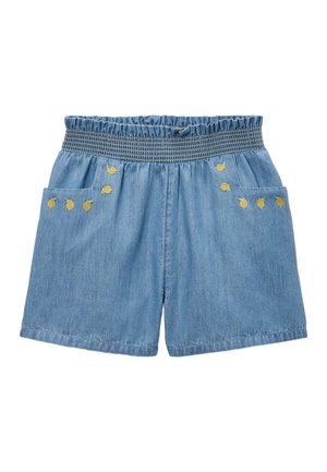 Short en jean bleu clair avec taille élastiquée smockée, poches avant et petits motifs de feuilles jaunes brodées près des poches.