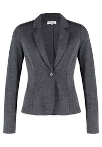 Mørkegrå tætsiddende kvinders blazer med lange ærmer, slogneck krave og enkelt sort knaplukning.