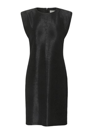 Schwarzes ärmelloses Kleid mit körperbetontem Schnitt, aus strukturiertem Stoff mit feinen vertikalen Linien und einem Reißverschluss im Rücken.