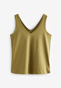 Débardeur vert olive sans manches avec un col en V et un design simple, présenté à plat sur fond blanc.