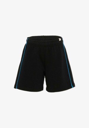 Shorts à taille élastique noire avec des bandes latérales bleues, étiquette de taille moyenne sur la ceinture, style sportif décontracté.