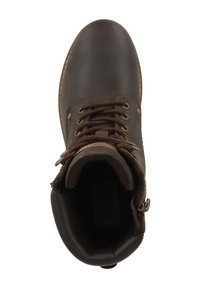 Bruine leren enkellaars met ronde neus, veters aan de voorkant en een zijrits. Voorzien van gestikte details en een gevoerde binnenkant.