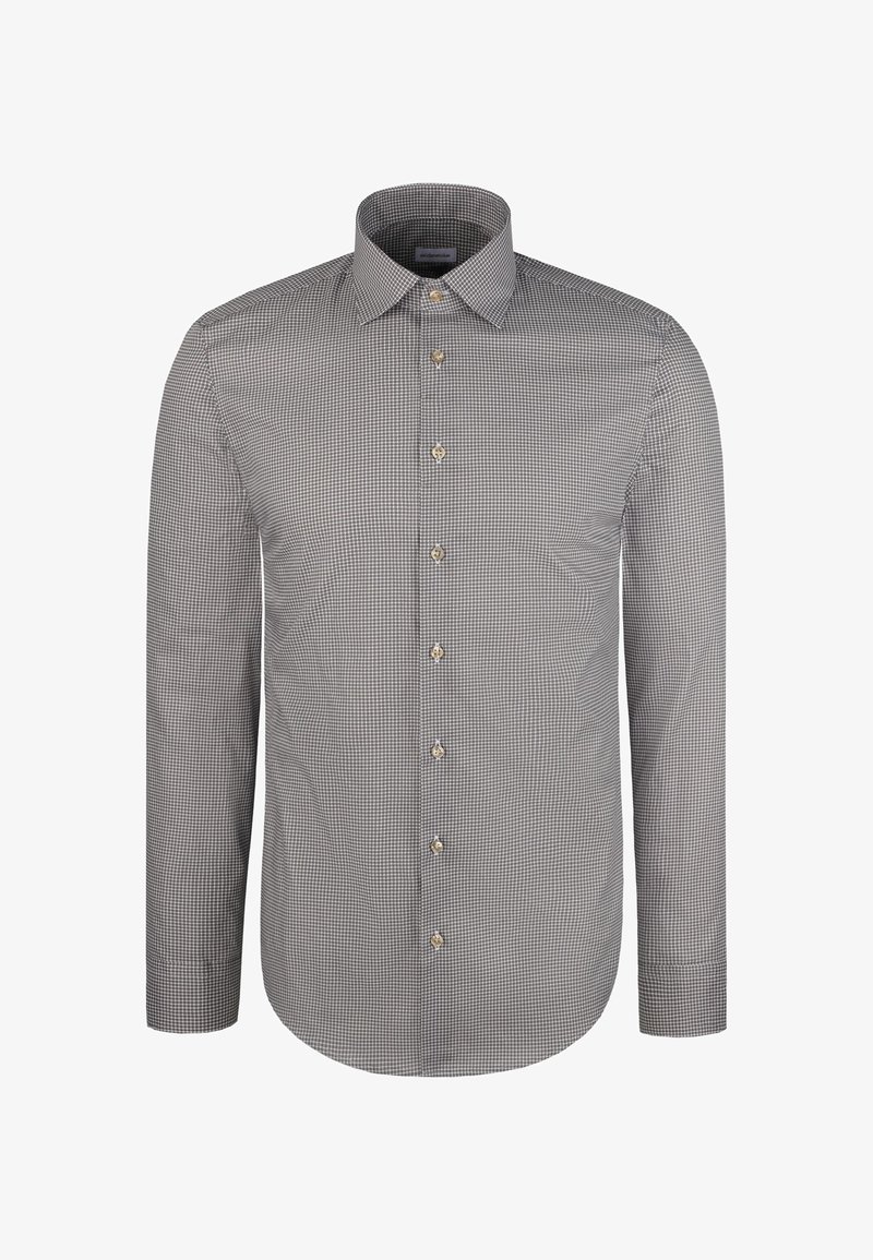 Camicia a maniche lunghe con motivo a quadri in bianco e nero, collo a punta, chiusura frontale con bottoni e orlo arrotondato. Presenta bottoni in tonalità oro.