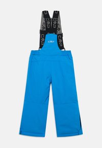 Plave vodootporne zimske hlače s podešivim crnim naramenicama i elastičnom pojasom, dizajnirane za vanjske zimske aktivnosti.