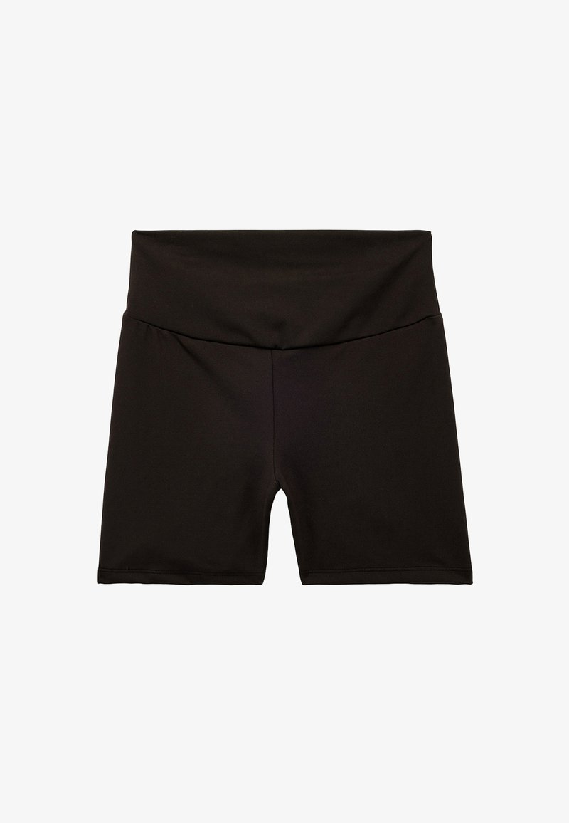 Pantaloni sportivi neri realizzati in materiale liscio e elastico. Vita media con un design aderente e senza motivi o loghi visibili.