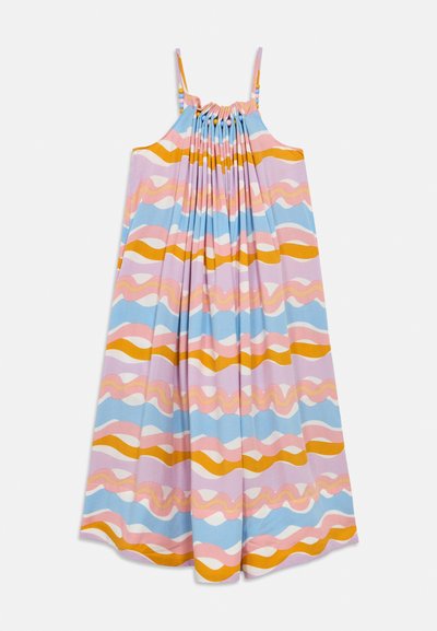 Πολύχρωμο βαμβακερό φόρεμα με λεπτές τιράντες, με κυματιστά μοτίβα σε ροζ, μπλε, λευκό και κίτρινο. Σώμα με ελαφρύ ρευματισμό και διακριτή υφή.