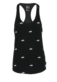 Black tank top made of cotton with a racerback design. Features a repeated white sneaker pattern throughout. Label at the neck.
