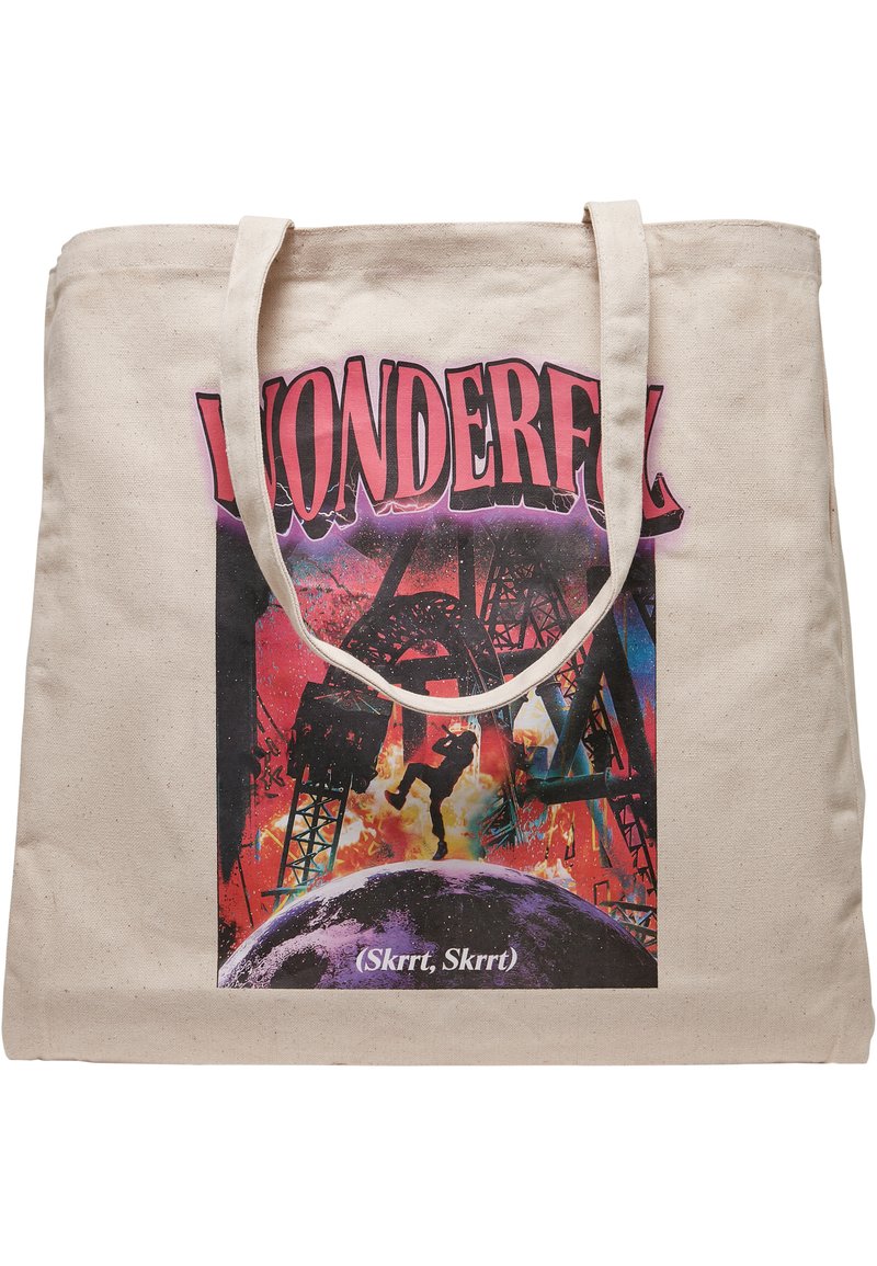 Beige Canvas-Shopper mit einem bunten Grafikdruck. Verfügt über fetten pinken Text "WUNDERBAR" und ein kreisförmiges Design am Boden.