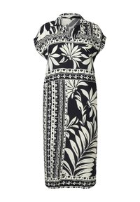 Abito leggermente oversize, con colletto, in bianco e nero con un motivo floreale e geometrico, maniche corte e una silhouette dritta.