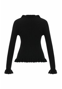 Czarny prążkowany sweter z długimi rękawami zakończonymi falbankami, dopasowanym krojem i subtelnym kołnierzykiem z tyłu. Teksturowana dzianina.