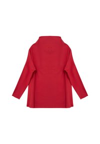 Czerwony top z długim rękawem, szerokim wysokim dekoltem, prostym dołem i luźnym krojem, pokazany z tyłu na białym tle.