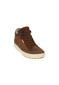 Braune Wildleder-Hochschaftschuhe mit einem flauschigen Innenfutter, runden Schnürsenkeln, einer hellbraunen Gummisohle und einem goldenen Akzent an der Seite.