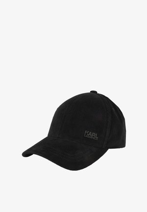 Black corduroy baseball cap with a slightly curved visor and a black logo patch featuring "KARL LAGERFELD" on the front.