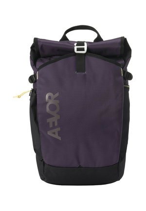 Purple and black roll-top backpack with front buckle, side zipper, and "AFNOR" logo on the front panel.