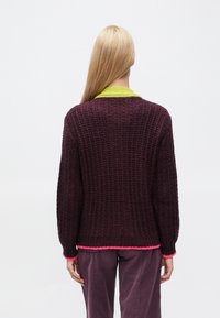 Tamsiai violetinis megztinis su tekstūruotu raštu, turintis ryškiai žalią apykaklę ir rožinę apdailą apačioje ir rankogaliuose.