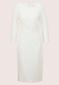 White long-sleeve dress with a round neckline, featuring diagonal seams, a fitted silhouette, and a zip closure at the back.