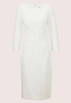 Weißes langärmeliges Kleid mit rundem Ausschnitt, diagonalen Nähten, enganliegender Silhouette und einem Reißverschluss im Rücken.