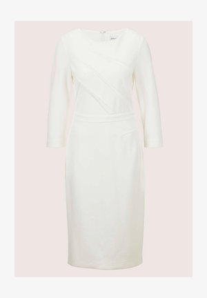 Weißes langärmeliges Kleid mit rundem Ausschnitt, diagonalen Nähten, enganliegender Silhouette und einem Reißverschluss im Rücken.