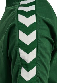 Haut de sport vert avec des rayures tricotées blanches en chevron sur les côtés. Tissu doux avec une coupe décontractée et une construction sans coutures.