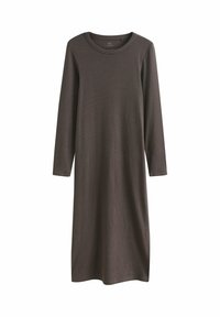 Langärmliges Kleid in Dunkelbraun mit vertikalen Streifen in gedämpften Farben. Hat einen runden Halsausschnitt und eine lockere Passform. Weicher Stoff, minimalistisches Design.