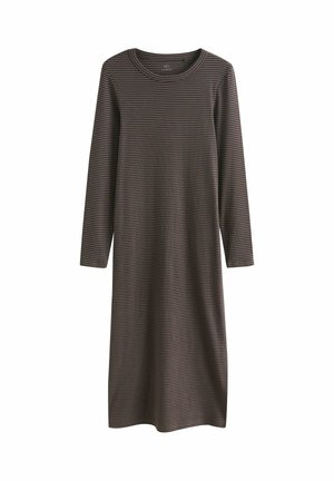 Sukienka z długim rękawem w ciemnym brązie z pionowymi paskami w stonowanych kolorach. Posiada okrągły dekolt i luźny krój. Miękka tekstura, minimalistyczny design.