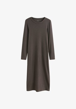 Sukienka z długim rękawem w ciemnym brązie z pionowymi paskami w stonowanych kolorach. Posiada okrągły dekolt i luźny krój. Miękka tekstura, minimalistyczny design.