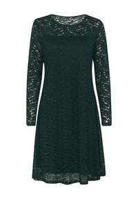 Dark green lace dress with long sleeves, round neckline, and a relaxed fit, featuring a floral pattern throughout the fabric.