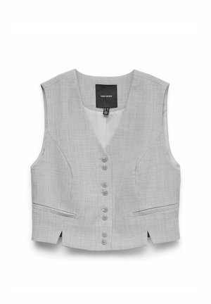 Veste sans manches gris clair à boutons avec un subtil motif texturé, deux poches passepoilées sur le devant et un col en V.