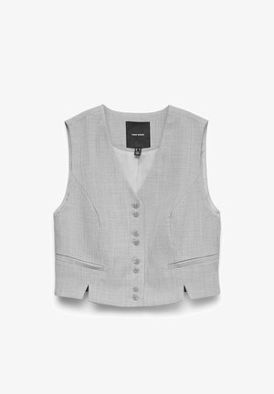 Jasnoszara kamizelka bez rękawów zapinana na guziki z subtelnym wzorem strukturalnym, dwie przednie wpuszczane kieszenie i dekolt w kształcie litery V.