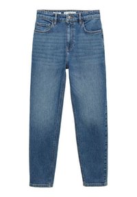 Jean en denim bleu taille haute, coupe droite, avec bouton et fermeture éclair sur le devant, cinq poches et passants de ceinture.