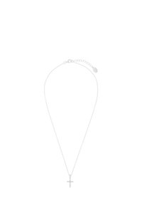 Collana in argento con pendente a croce decorato con pietre trasparenti, caratterizzata da un design elegante. Chiusura regolabile con catena di estensione per adattabilità.
