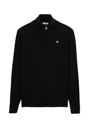 Pull noir à manches longues avec col zippé, finitions côtelées aux poignets et à l'ourlet, avec un petit logo brodé sur la poitrine. Matière en tricot douce.