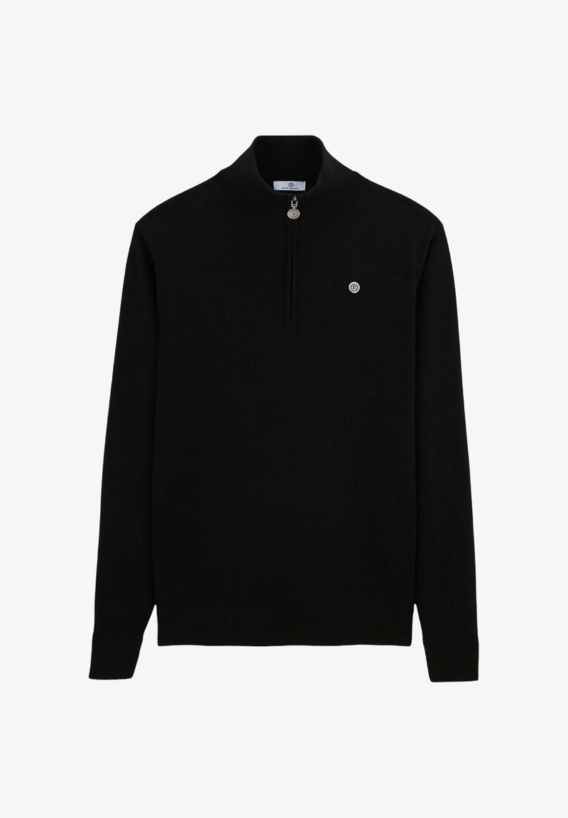 Pull noir à manches longues avec col zippé, finitions côtelées aux poignets et à l'ourlet, avec un petit logo brodé sur la poitrine. Matière en tricot douce.