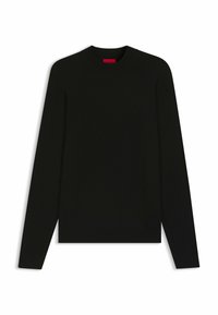 Schwarzer Pullover mit langen Ärmeln und Rundhalsausschnitt, aus glattem Stoff gefertigt. Verfügt über einen gerippten Saum und Bündchen, mit einem roten Markenlabel innen.