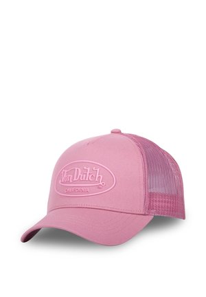 Casquette de baseball rose Von Dutch avec dos en mesh et visière incurvée, arborant un logo en relief et le texte "California" sur le panneau avant.