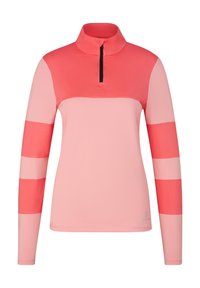 Långärmad tröja i korall och rosa, med halvdragkedja, färgblockerade ärmar, slät textur och elastiskt tyg för komfort.