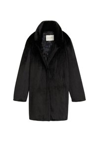 Cappotto in finta pelliccia nera con colletto a scialle, chiusura a un bottone e un aspetto testurizzato. Foderato con un delicato motivo floreale.