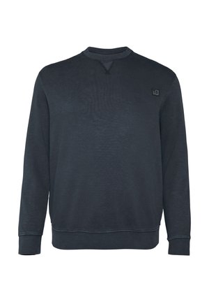 Donkerblauwe sweatshirt met lange mouwen, ronde halslijn en ribgebreide boorden. Bevat een geborduurd logo op de linkerborst en een gestructureerde stof.