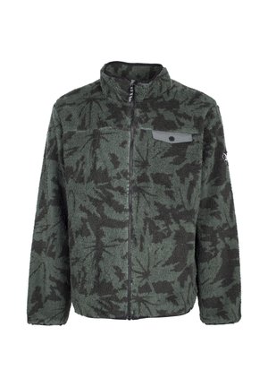 Green fleece jacket featuring a black leaf pattern, high collar, full zip front, and a chest pocket with a snap closure.