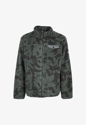 Green fleece jacket featuring a black leaf pattern, high collar, full zip front, and a chest pocket with a snap closure.