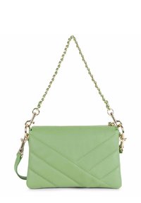 Borsa a tracolla in pelle verde con un motivo a zigzag, dotata di una catena dorata e di una chiusura a scatto. Texture liscia con zip.