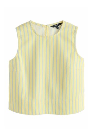 Haut jaune sans manches avec des rayures verticales bleu clair, col rond et fermeture à boutons dans le dos.