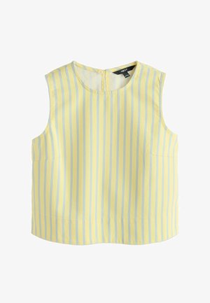 Ærmeløs gul top med lodrette lyseblå striber, rund halsudskæring og knappelukning bagpå.