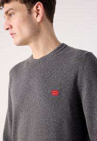 Szary sweter wykonany z miękkiego materiału, z okrągłym dekoltem i małą czerwoną metką z logo po lewej stronie klatki piersiowej.