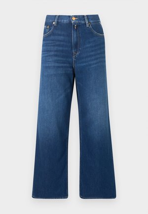 Modré džínsové nohavice s rozšírenými nohavicami, vysokým pásom, zapínaním na predné gombíky a zips, s prednými a zadnými vreckami.