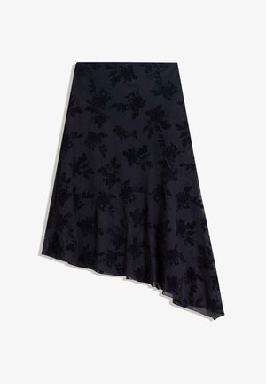 Dark navy blue asymmetrical skirt with black floral velvet pattern, lightweight fabric, and flowy drape on a white background.